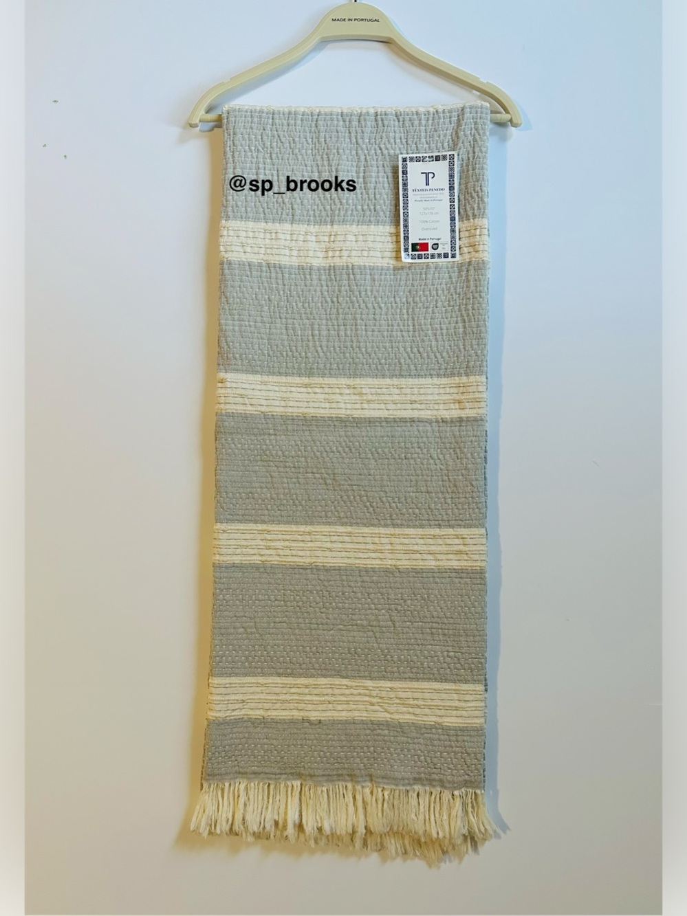 🎁Texteis Penedo Throw Blanket - Cotton Woven Gray with Cream Bands & Stitching